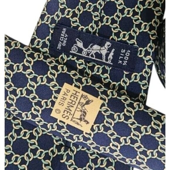 HERMÈS Men's 100% Silk Necktie LUXURY Tie 7422 HA Blue Chain W:3.6" EUC - Picture 3 of 4